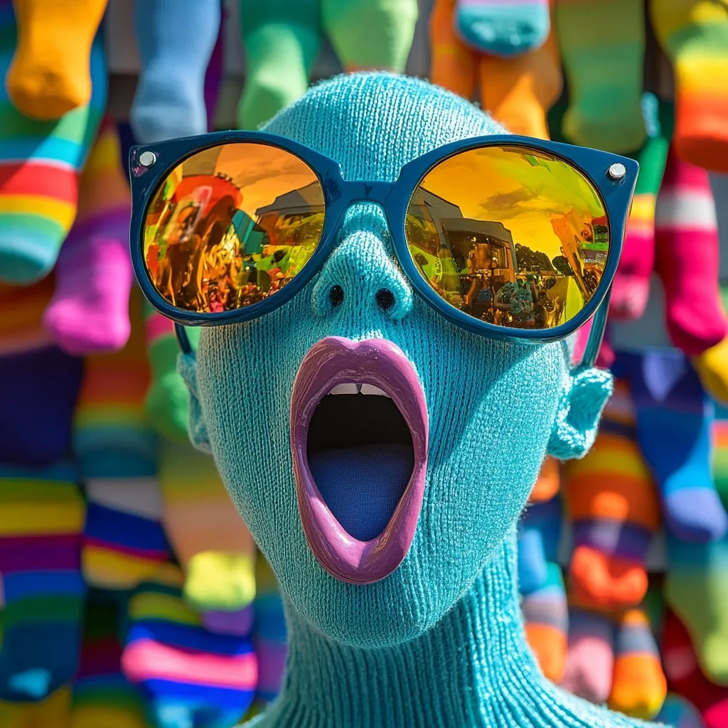 A close-up shot of a teal knitted mannequin head wearing large, reflective sunglasses.  The mannequin's mouth is open in a dramatic expression, revealing a purple painted interior. The background is blurred but shows a multitude of colorful socks, creating a vibrant and playful contrast. The image is brightly lit, enhancing the mannequin's features and the surrounding colors.