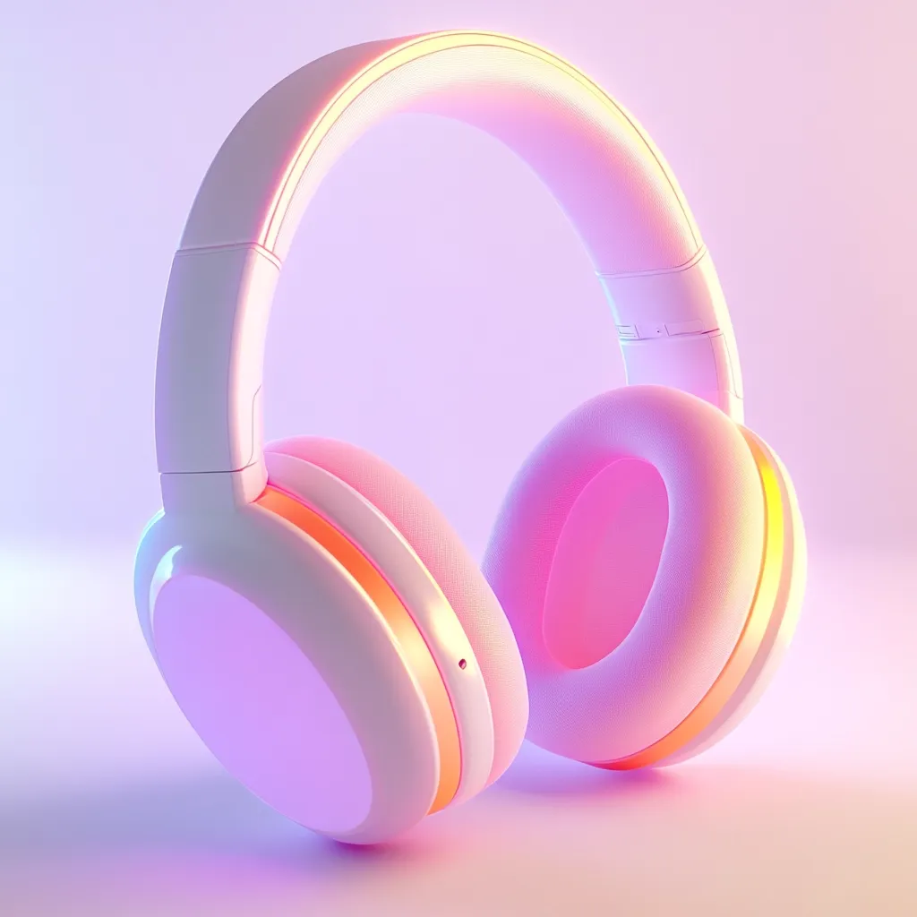 A pair of stylish white over-ear headphones sits on a soft pink and purple background.  The headphones have a subtle orange accent band and appear to be illuminated from within, giving them a vibrant, almost neon glow.  The smooth curves and soft colors create a modern and aesthetically pleasing image.  The scene is minimalist, focusing entirely on the headphones.