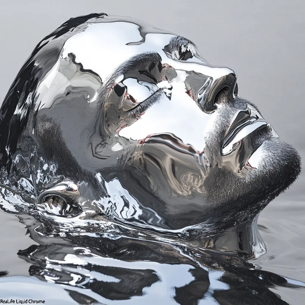 A man's head and shoulders are submerged in a reflective, liquid chrome substance.  His eyes are closed, and his face is serene. The chrome mimics the contours of his features, creating a striking, almost surreal image. The surface of the liquid chrome is highly reflective, distorting the surrounding environment.  The overall effect is one of both beauty and unease.