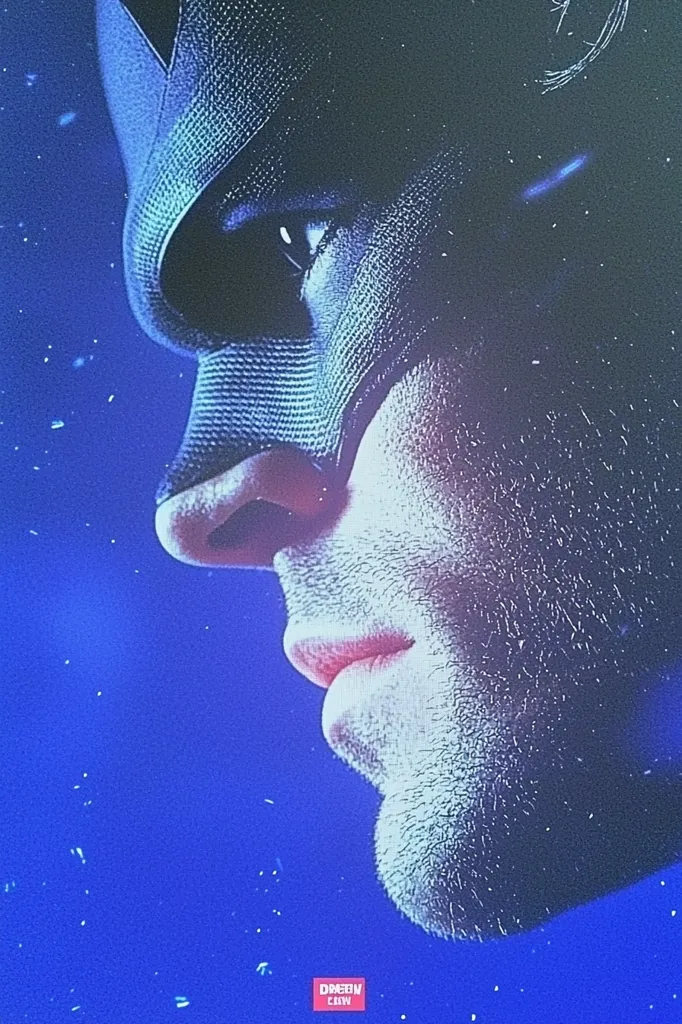 A close-up profile shot reveals a man partially obscured by a dark, textured mask, reminiscent of a superhero's cowl.  His face is subtly illuminated against a deep blue backdrop speckled with light particles.  Only one eye is visible, adding to the mysterious and enigmatic atmosphere. The image has a slightly grainy, artistic quality.