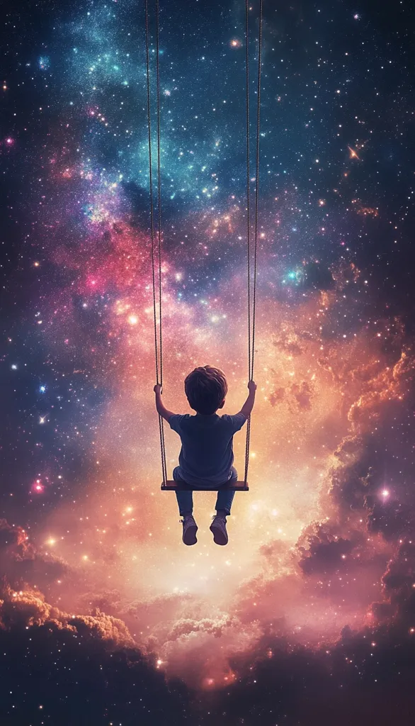A child sits on a swing suspended against a breathtaking backdrop of a vibrant nebula.  Stars twinkle across a vast, colorful cosmos, creating a surreal and dreamlike atmosphere. The scene evokes a sense of wonder and boundless imagination, as the child seems to float amidst the celestial beauty. The image is a masterful blend of fantasy and reality.