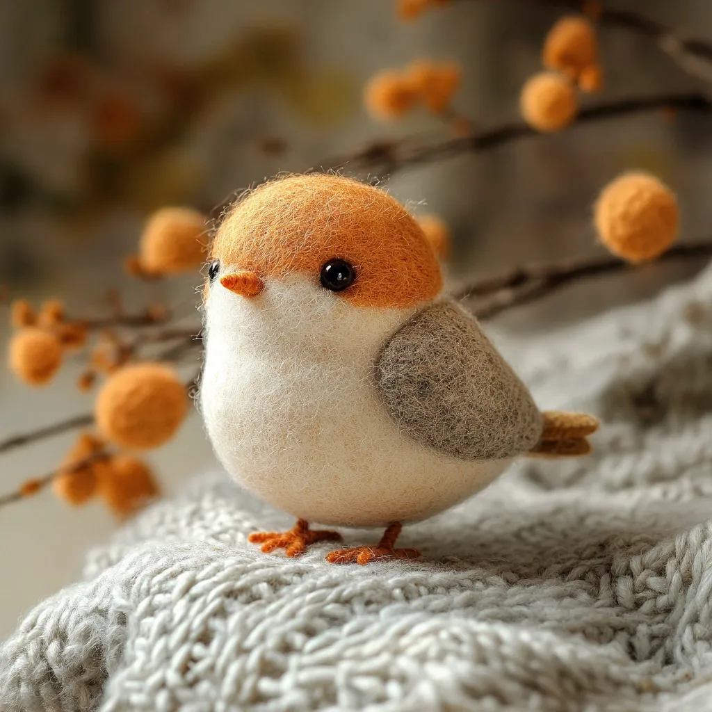 An adorable needle-felted bird sits on a cozy knit sweater.  Its body is primarily white, accented with orange on its head and grey on its wing.  Dark, expressive eyes and tiny orange feet add to its charm.  The soft background features a blurred branch with small, round, orange-toned decorations, enhancing the autumnal feel.