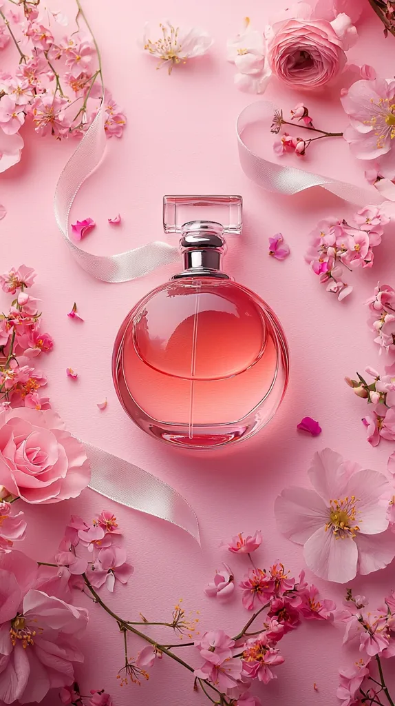 A round bottle of light pink perfume sits on a pink background surrounded by delicate pink flowers and a white ribbon.  The scene is feminine and elegant, suggesting a floral fragrance. The perfume bottle is clear, allowing the pink liquid inside to be visible.  The overall aesthetic is soft, romantic, and visually appealing.
