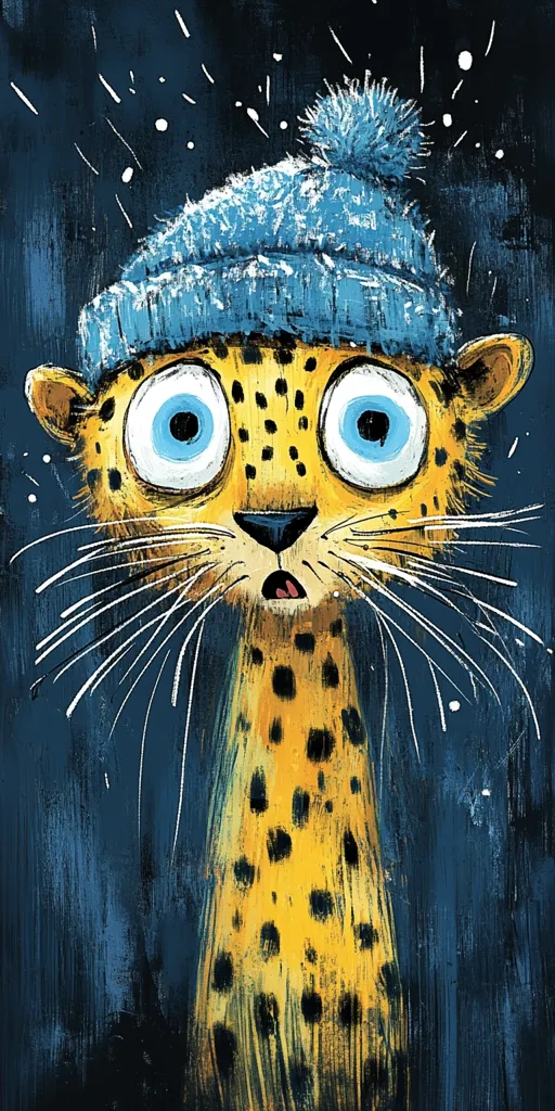 A whimsical illustration of a cheetah wearing a blue knit beanie.  The cheetah's large, wide eyes and open mouth express surprise or shock.  The artwork features a textured, painterly style with a dark blue background suggesting a snowy or nighttime setting.  The cheetah's spots are vibrant against its yellow-gold fur, and long whiskers add to its expressive features.