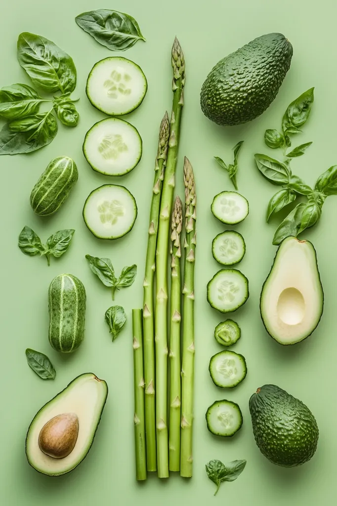 A vibrant flat lay showcasing an array of green vegetables arranged on a pastel green background.  The arrangement includes asparagus spears, cucumber slices, halved avocados, mini watermelons, and fresh basil leaves. The color palette is consistently green, creating a visually appealing and healthy-looking composition.  The image suggests freshness and a focus on healthy eating.