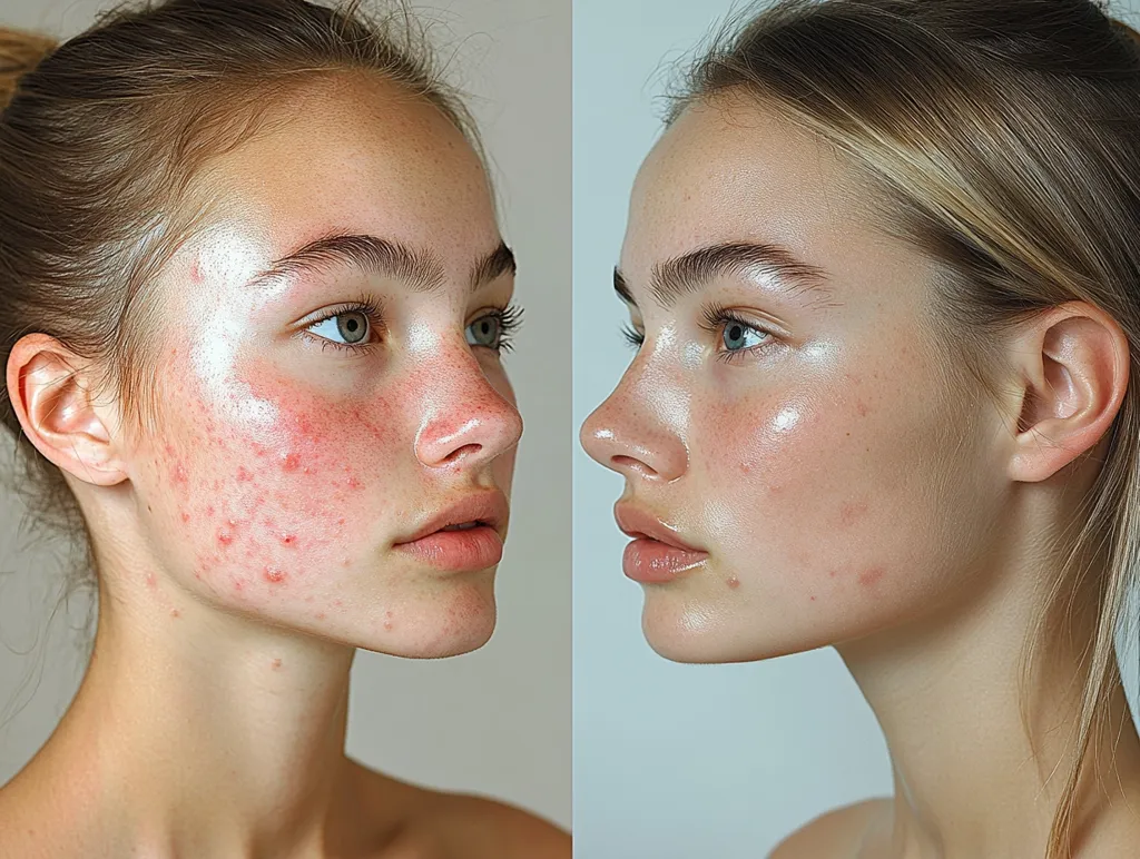 A split image showcasing a young woman's face, before and after treatment.  The left side reveals acne-prone skin with visible blemishes and redness. The right side displays significantly clearer skin, exhibiting a healthy, radiant glow. The transformation highlights the effectiveness of a skincare regimen or treatment in improving skin clarity and reducing acne.