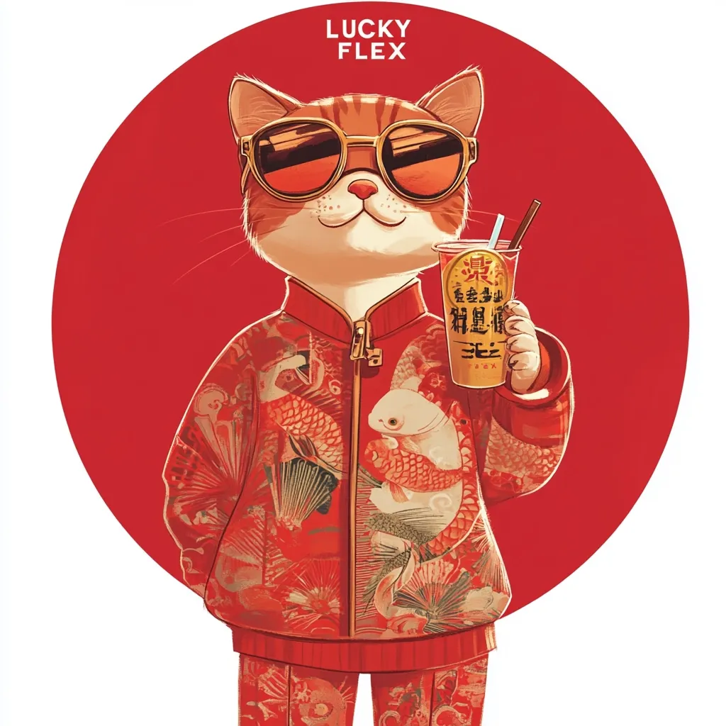 A stylish cartoon cat, dubbed "Lucky Flex," sports aviator sunglasses and a vibrant red tracksuit adorned with koi fish patterns.  The cat confidently holds a beverage in a red cup with Asian characters.  The backdrop is a bold red circle, suggesting a celebratory or auspicious theme. The overall aesthetic blends modern coolness with traditional Asian imagery.