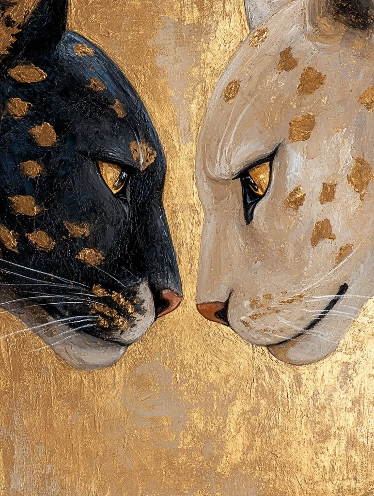 A close-up painting depicts the faces of two big cats, one black and one light beige,  facing each other.  Both have gold flecks throughout their fur.  Their eyes meet, creating a sense of intense connection. The background is a textured gold, adding to the luxurious and artistic feel. The painting style is realistic, with attention to detail in the fur and eyes.