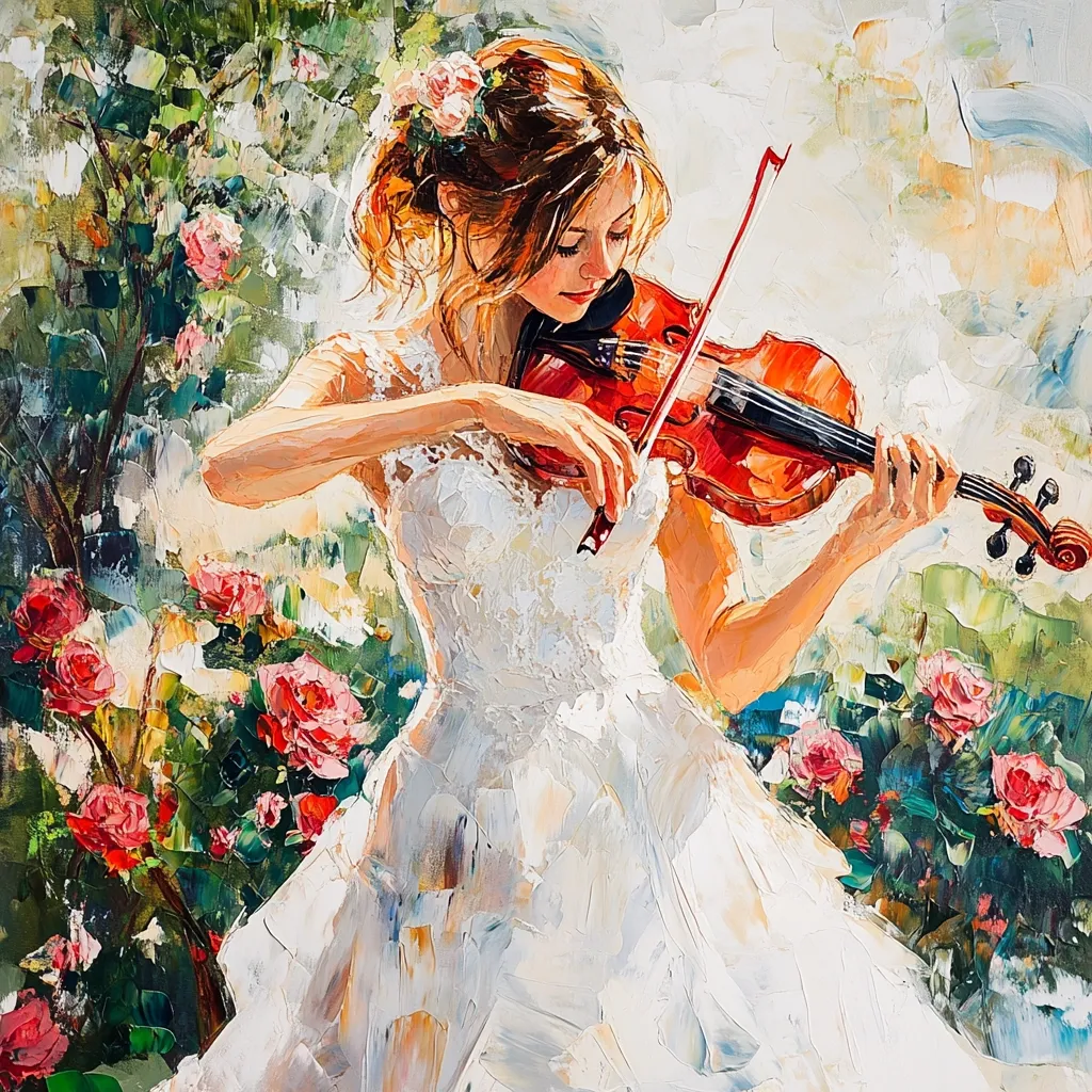 A vibrant oil painting depicts a woman in a flowing white dress, adorned with lace, playing a violin amidst a lush rose garden.  Her brown hair is styled up, accented with pink roses. The style is impressionistic, with visible brushstrokes adding texture and movement to the scene, creating a romantic and idyllic atmosphere.  Sunlight filters through the leaves, illuminating the woman and her instrument.