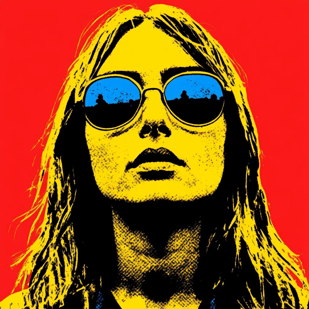 A pop art portrait of a woman with long, flowing yellow hair. She wears round blue sunglasses reflecting a cityscape, her face rendered in bold yellow and black against a vibrant red background. The style evokes a 1960s vibe, emphasizing strong lines and contrasting colors.  Her expression is serious, her gaze directed upwards.