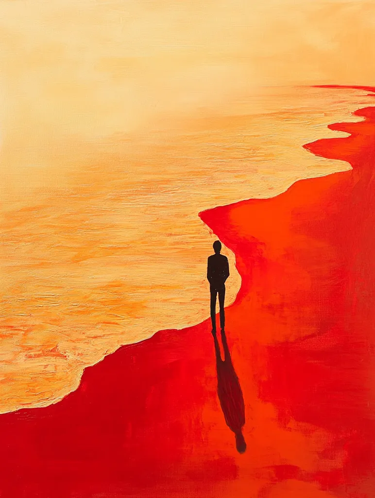 A solitary figure, silhouetted in black, stands on a vibrant red beach.  The warm, golden-orange ocean stretches to a pale horizon under a soft, light sky.  The figure's long shadow stretches behind them, adding to the sense of solitude and the vastness of the seascape. The painting's bold colors and simple composition create a powerful and evocative image.