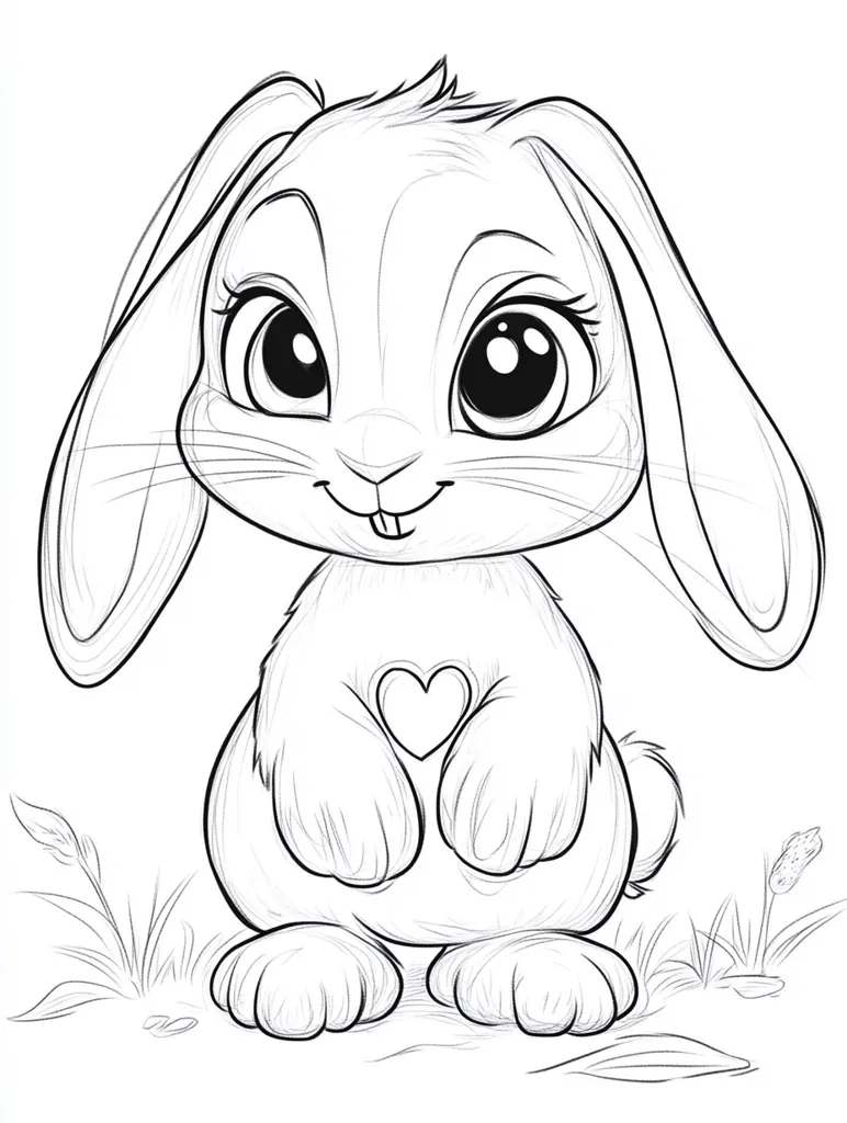 A cute, cartoon bunny rabbit is depicted in a coloring page style.  It has large, expressive eyes, long ears, and is standing with its paws together, a small heart visible on its chest.  The bunny is surrounded by simple grass, suggesting an outdoor setting. The style is reminiscent of children's books and coloring books.