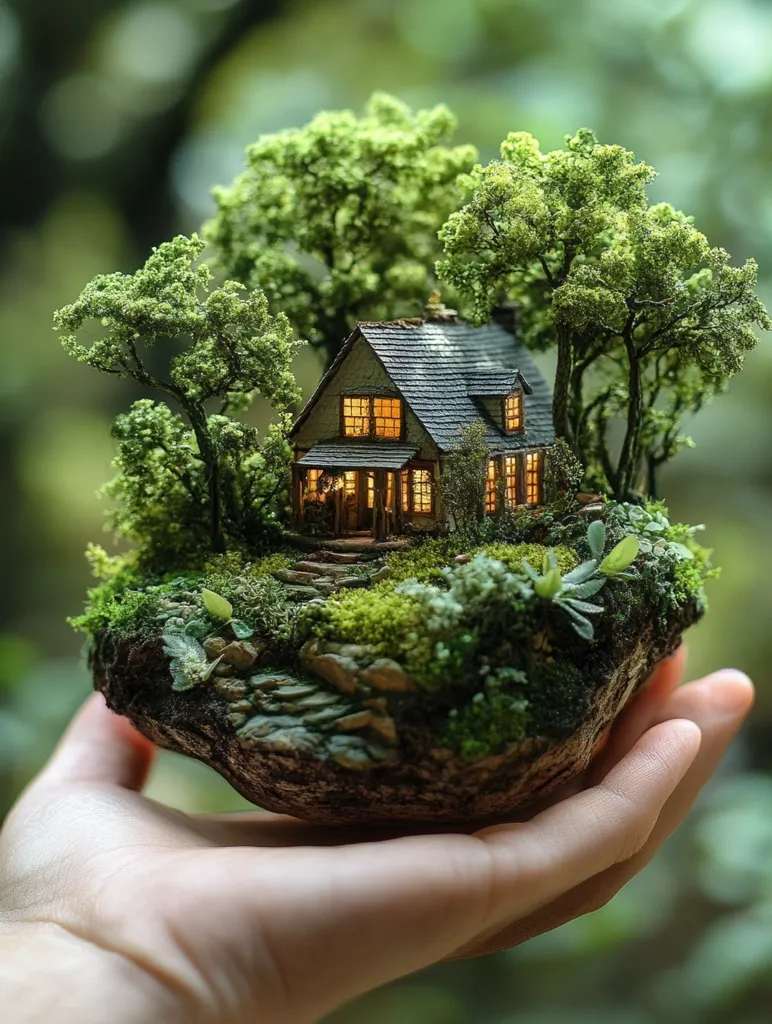 A miniature cottage nestled within a lush, moss-covered landscape sits in a person's hand.  Tiny trees surround the illuminated house, creating a captivating, otherworldly scene.  The detail is exquisite, showcasing a blend of miniature architecture and verdant nature. The overall effect is one of serene beauty and whimsical charm.