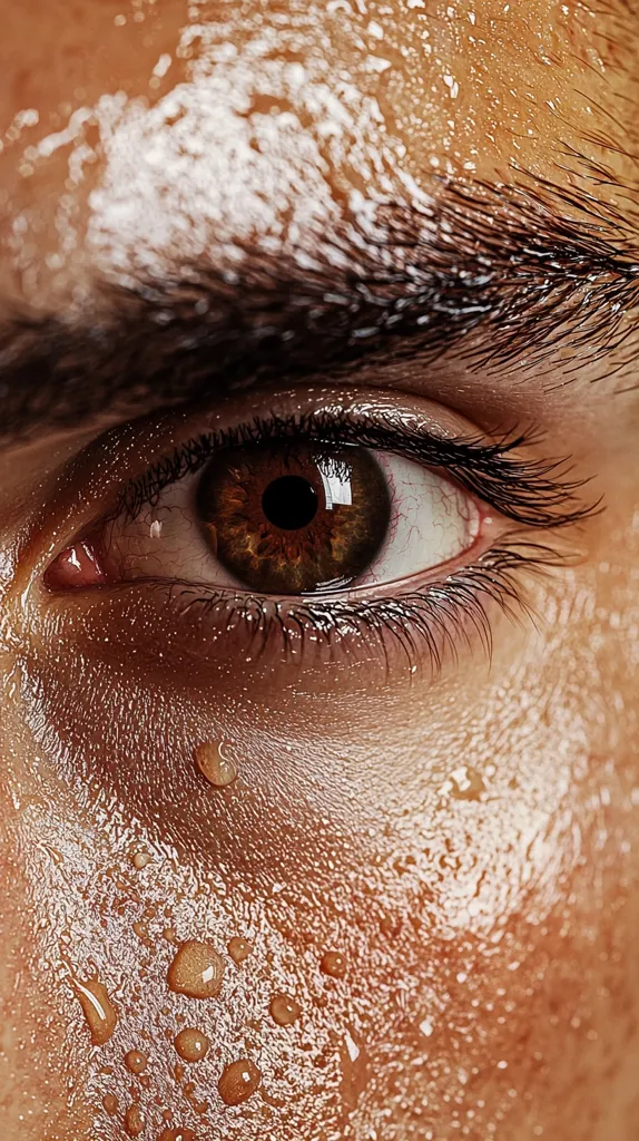 Close-up of a person's eye and surrounding skin, glistening with sweat or moisture.  The skin is tan, and numerous small droplets are visible.  The eye is brown, with dark lashes and a defined brow. The image focuses on texture and the effect of moisture on the skin.