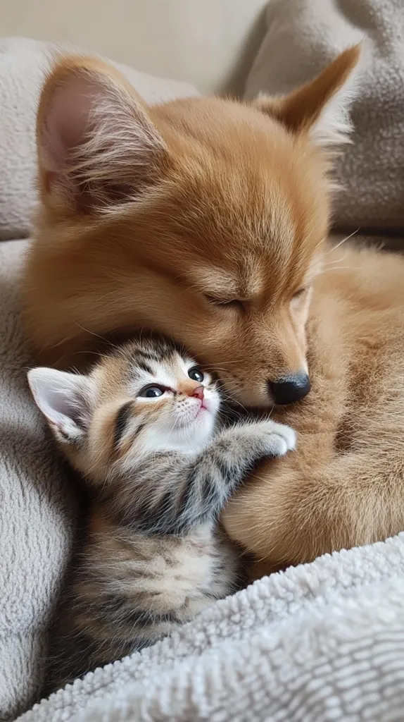 A heartwarming image of a fluffy brown puppy gently cradling a tiny tabby kitten.  The puppy's eyes are closed, appearing peaceful, while the kitten looks up with wide, curious eyes. Both animals are nestled together on a soft, light grey blanket, creating a scene of interspecies affection and comfort.  The contrast in their fur textures and colors adds to the visual appeal.