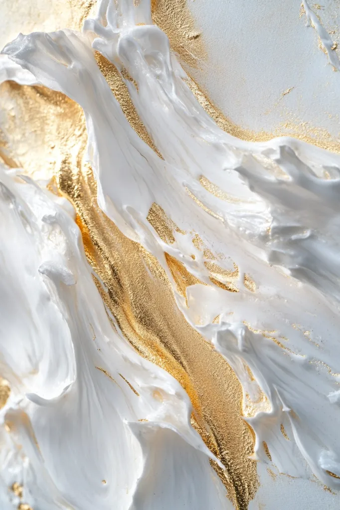 An abstract image showcases a captivating interplay of white and gold.  Thick, textured strokes of white paint dominate, creating a sense of movement and fluidity.  These are interspersed with glistening gold accents, adding depth and richness to the composition. The overall effect is one of luxurious texture and elegant contrast.