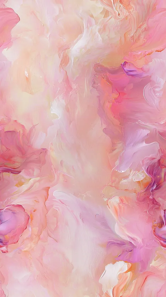 An abstract painting in soft pastel hues of pink, peach, and white.  The image features flowing, swirling brushstrokes that blend seamlessly, creating a dreamy, ethereal effect.  Shades vary subtly, creating depth and texture within the overall delicate color palette. The composition evokes a sense of lightness and tranquility.
