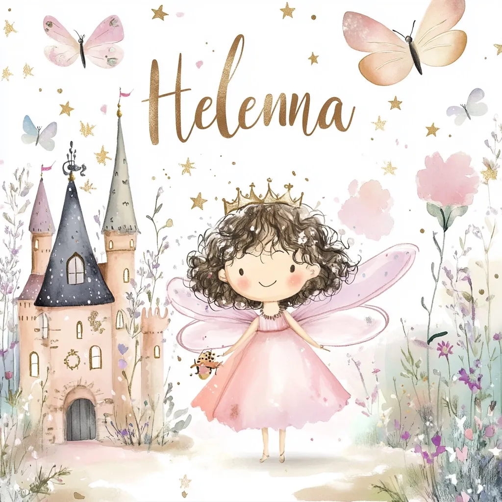 A watercolor illustration features Helena, a fairy princess with curly brown hair and a pink dress, standing before a whimsical castle.  Butterflies and stars adorn the background, surrounded by delicate wildflowers.  The scene is magical and charming, perfect for a child's room or personalized stationery.