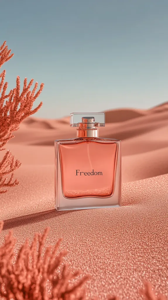 A bottle of "Freedom" perfume sits on a textured, coral-colored surface, possibly sand.  The perfume bottle is rectangular with a rose-gold colored cap and a light orange liquid inside.  Coral-like branches frame the bottle, creating a desert-like aesthetic. The overall mood is serene and evokes a feeling of escape and freedom.