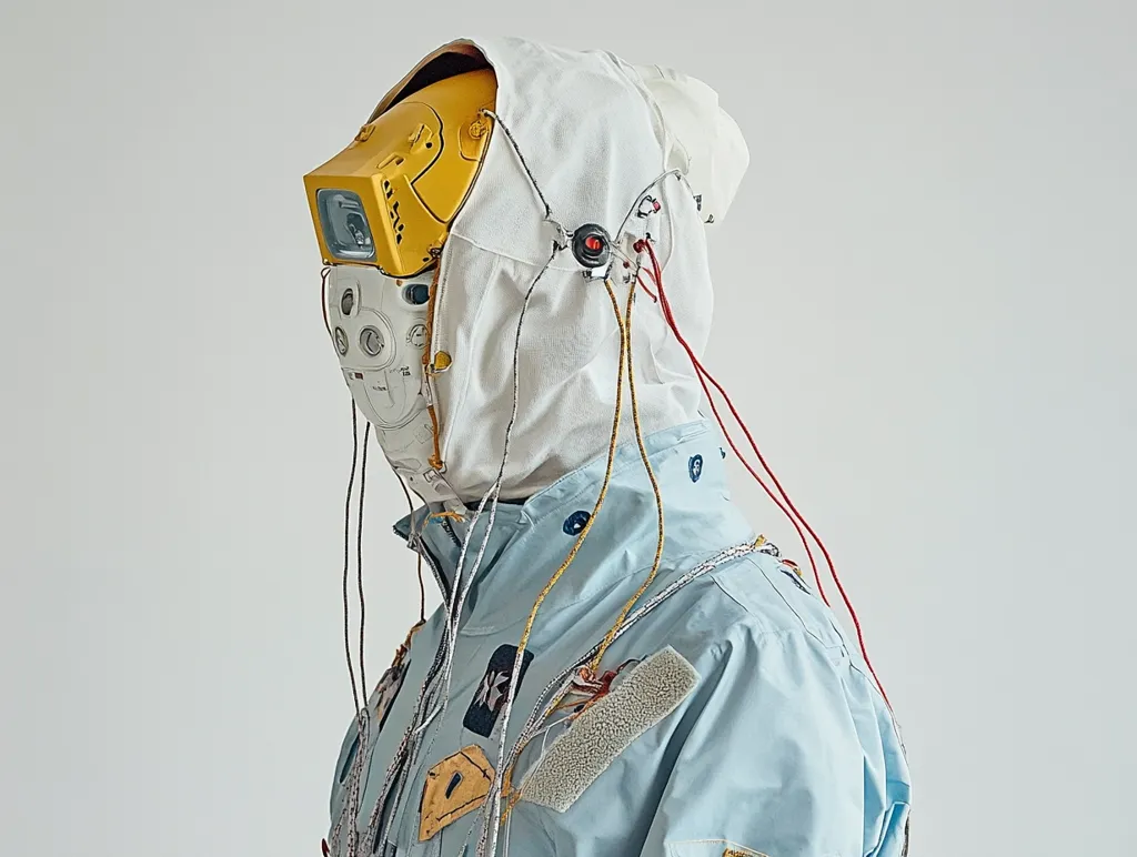 A figure is shown wearing a light blue jacket and a white hooded garment.  Attached to the hood is a complex, robotic-looking face mask with a yellow component and various wires and sensors extending from it. The overall aesthetic is futuristic and somewhat dystopian, suggesting a blend of technological augmentation and everyday clothing.  The image's background is a plain light grey.