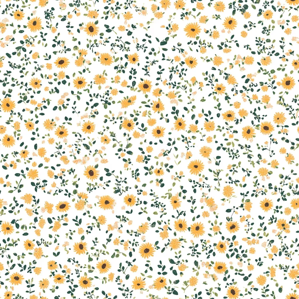 A seamless pattern featuring small, stylized sunflowers and green leaves on a white background.  The sunflowers are a muted yellow-orange, and the leaves are a dark teal. The design is dense, creating a cheerful, floral print suitable for fabric, wallpaper, or other surface designs.  A slightly textured effect adds to the overall vintage aesthetic.