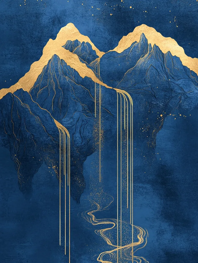 A stylized artwork depicts majestic, gold-accented blue mountains.  Waterfalls of gold lines cascade from the peaks, flowing into a swirling, golden river below. The background is a deep blue, textured to suggest a night sky dusted with gold glitter. The overall aesthetic is elegant and serene, blending abstract and landscape elements.