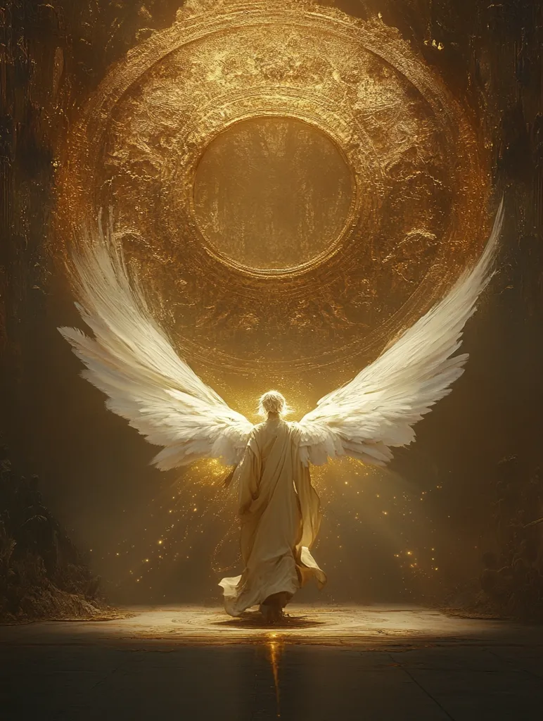 A celestial being, adorned in flowing white robes and expansive, luminous wings, stands before a magnificent golden portal.  The scene is bathed in warm, ethereal light, creating a mystical and awe-inspiring atmosphere. Golden dust motes float in the air, enhancing the otherworldly ambiance. The angel's back is to the viewer, suggesting a journey toward a sacred destination.