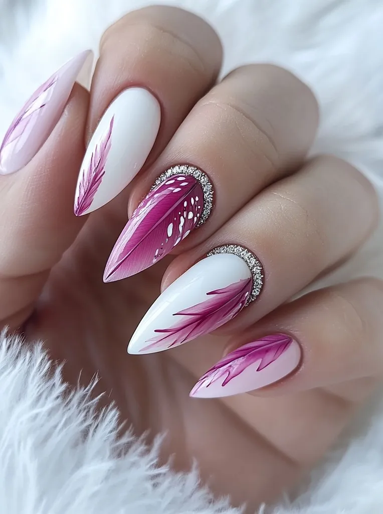 A close-up showcases a hand adorned with meticulously manicured nails.  Each nail is a stiletto shape, painted white with delicate pink feather designs.  Several nails feature a sparkling rhinestone accent at the base of the feather. The overall effect is elegant and feminine, suggesting a sophisticated nail art style.