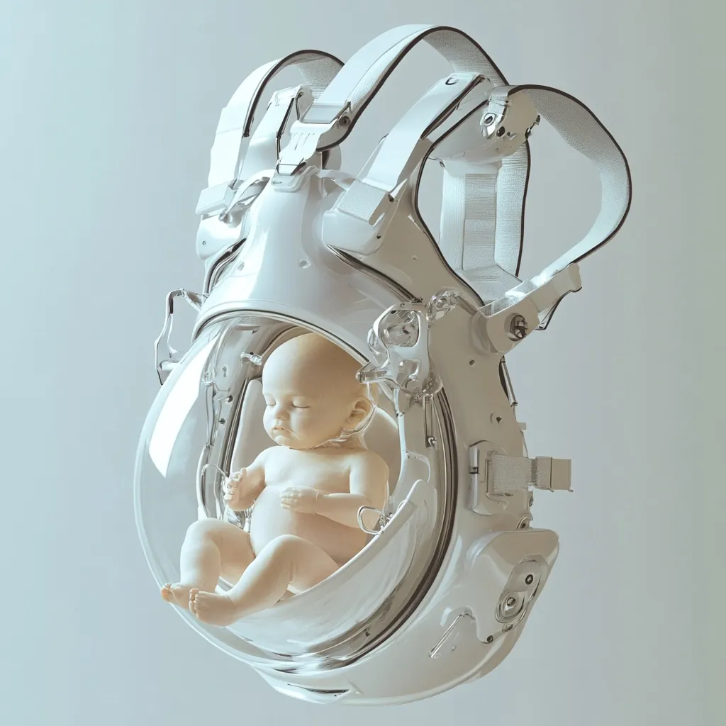 A serene baby rests within a futuristic, transparent pod resembling a miniature spacesuit or life support system.  The pod is attached to a white, intricately designed backpack harness. The overall aesthetic is clean, minimalist, and suggests advanced technology, hinting at themes of futuristic childcare or potentially artificial life support.  The image evokes a feeling of both fragility and technological advancement.