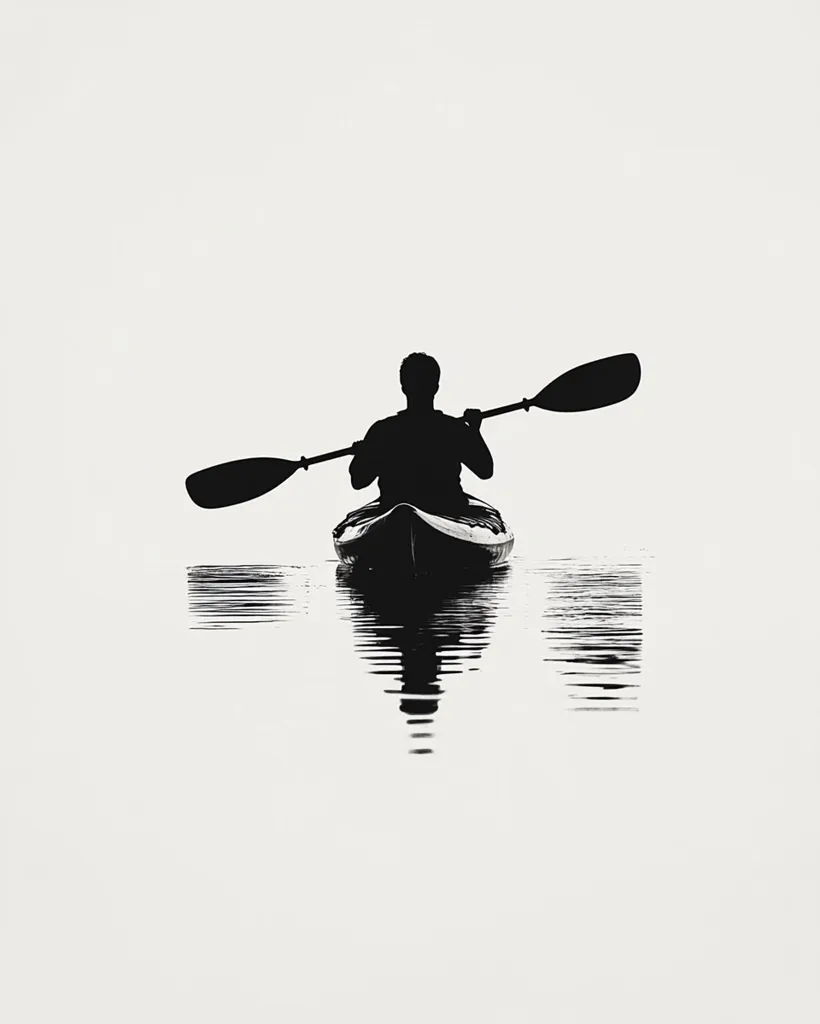 A black and white silhouette of a person kayaking on calm water. The kayaker is centered in the frame, paddling away from the viewer. The image is minimalistic, with a bright background highlighting the dark silhouette of the person and their kayak. The reflection of the kayak is visible in the still water below.  The overall mood is serene and peaceful.