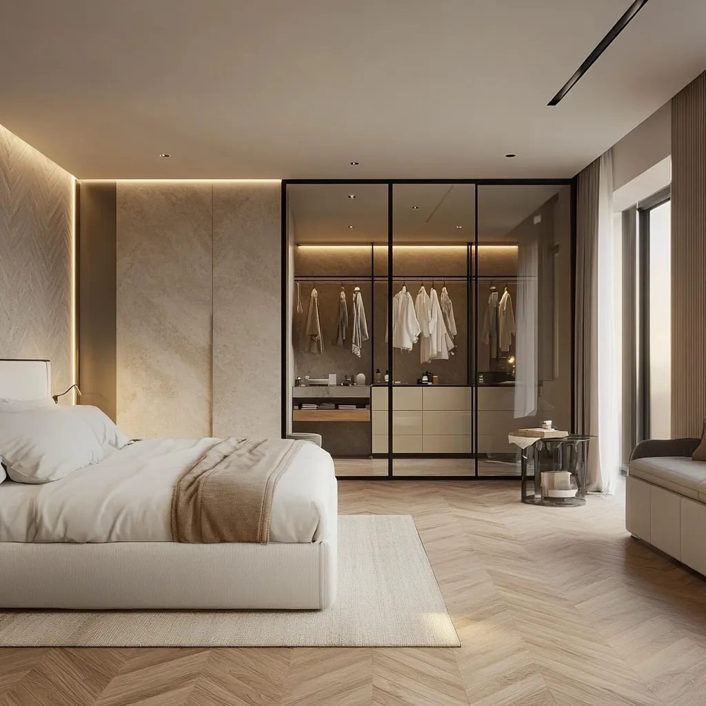 A luxurious bedroom features a king-size bed with crisp white linens and a beige throw.  A large walk-in closet, enclosed by glass doors, is integrated into the room's design, showcasing neatly organized clothing.  The room is bathed in soft, warm lighting, complemented by light beige walls and a herringbone patterned wood floor.  A minimalist side table and a modern sofa complete the sophisticated atmosphere.