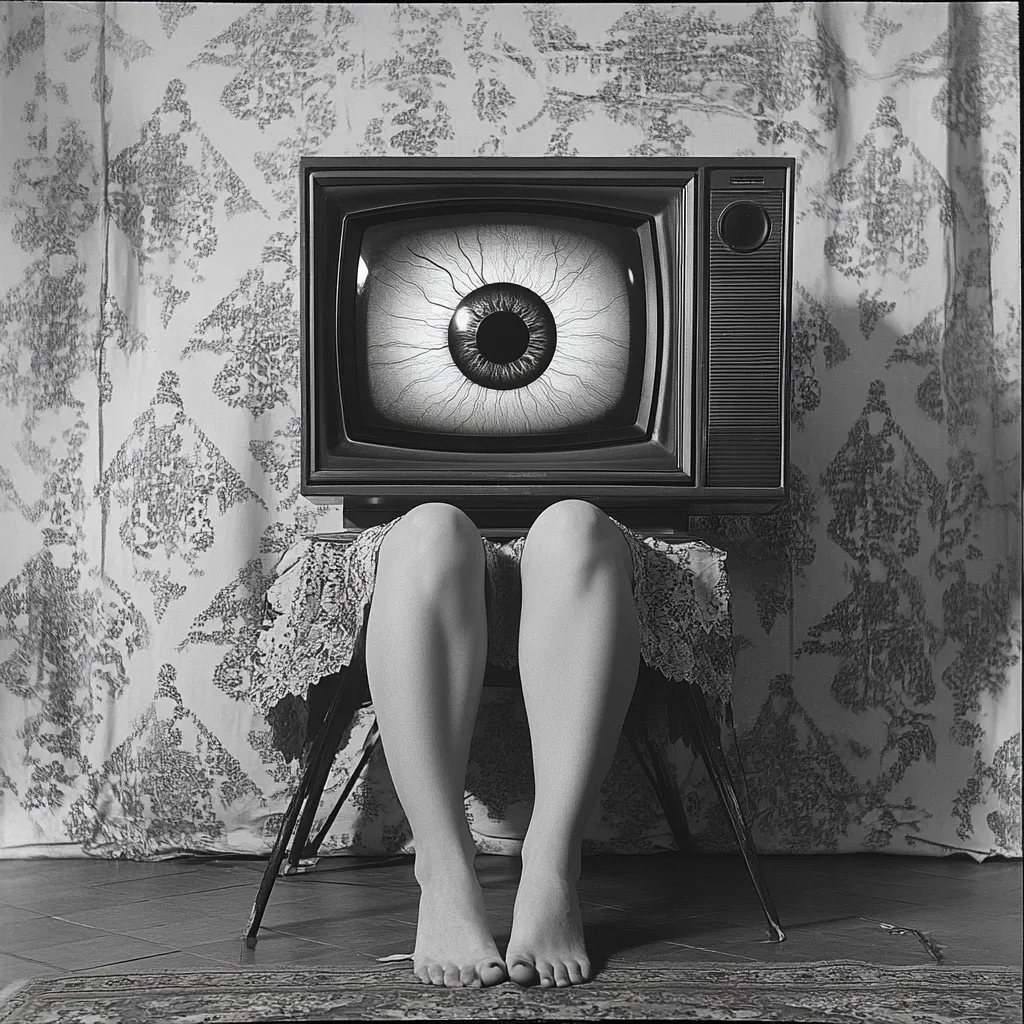 A black and white photograph depicts a vintage television set with a giant eye filling the screen.  A person's legs and feet are positioned below, suggesting they are seated. The television sits on a small chair or stand, against a patterned wall. The overall mood is unsettling and surreal, creating a sense of voyeurism or surveillance.