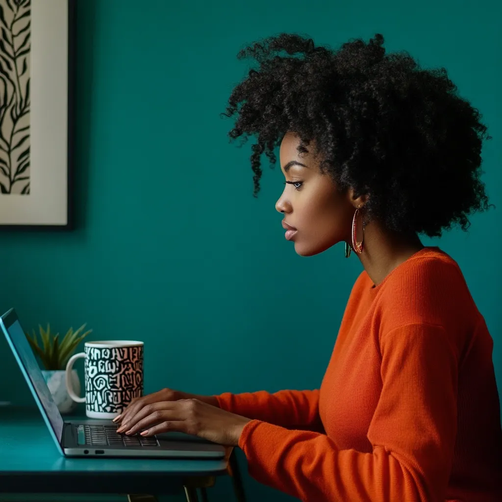 A young Black woman with a voluminous afro sits at a teal desk, focused on her laptop.  She wears a vibrant orange sweater and large hoop earrings. A mug sits beside the laptop, and a small plant is visible in the background. The overall ambiance is one of concentration and focused work in a stylish, minimalist setting.