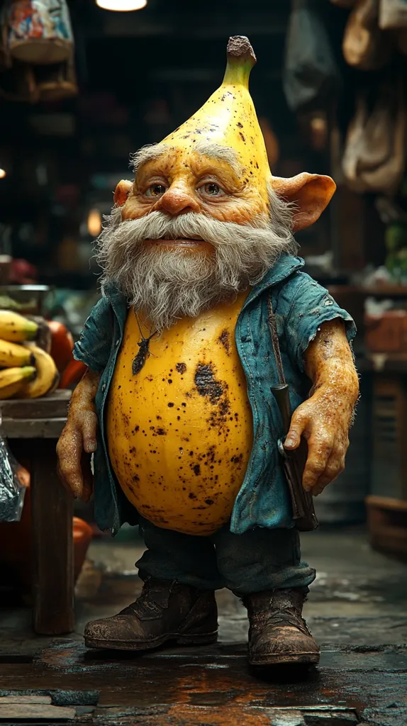 A whimsical gnome-like creature, with a long grey beard and large ears, is depicted.  Its body is predominantly a bruised yellow, resembling a banana, with a banana forming its headwear.  The figure is dressed in a worn teal shirt and sturdy boots, and stands in what appears to be a dimly lit market setting with bunches of bananas visible in the background. The overall impression is one of fantastical realism.