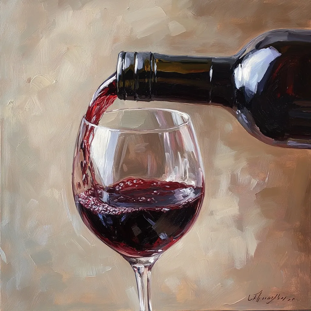 A vibrant oil painting captures the moment red wine is poured into a crystal glass.  The rich crimson liquid flows smoothly, filling the glass against a softly textured, neutral background.  The artist's skillful brushstrokes create a sense of movement and light, highlighting the texture of both the wine and the glass. The overall impression is one of simple elegance and refined taste.