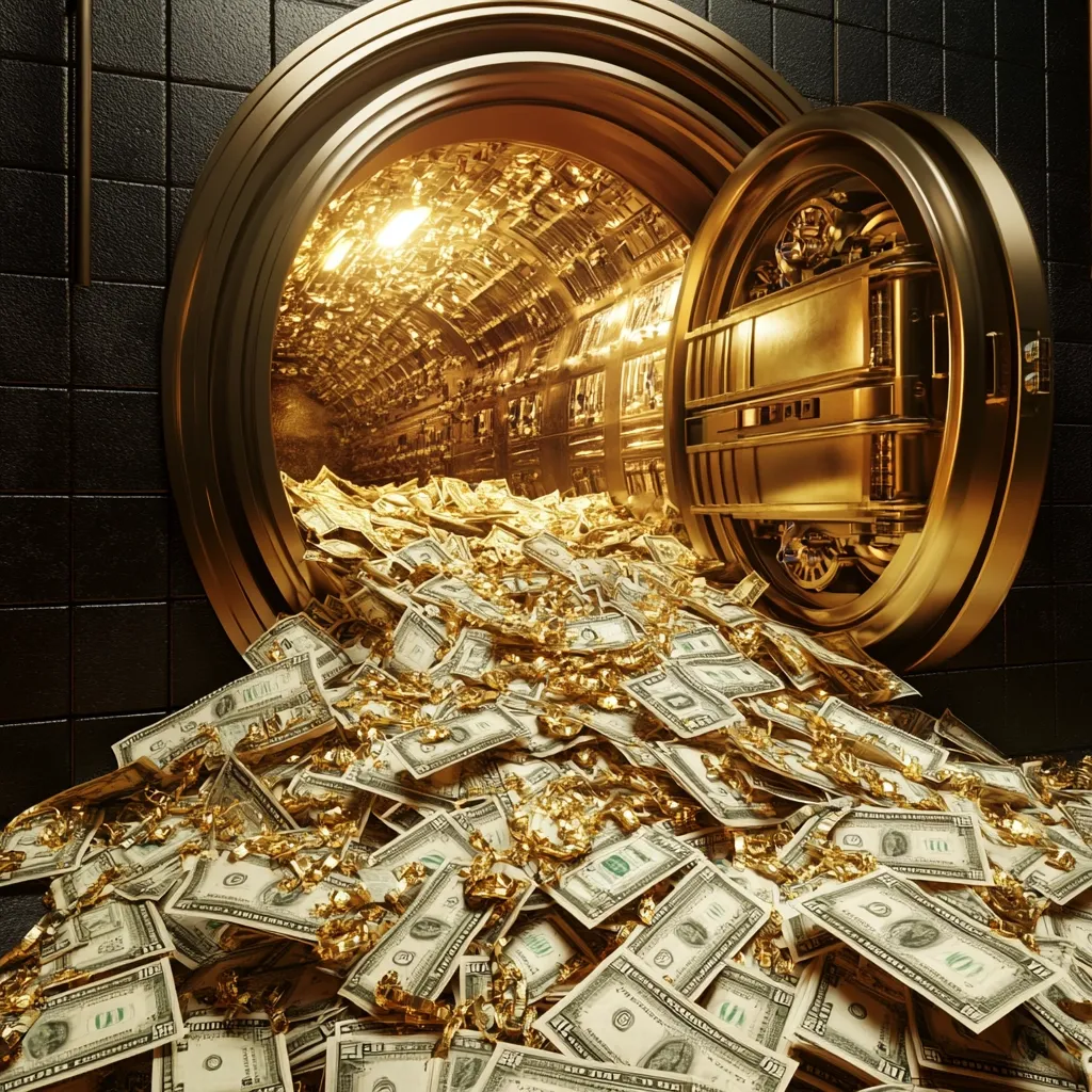 A massive pile of US dollar bills and gold spills from a large, ornate, golden bank vault. The vault door is ajar, revealing a shimmering interior filled with more gold.  The scene is opulent and suggestive of immense wealth, with the money and gold overflowing onto the dark tiled floor.  The image is digitally rendered, emphasizing the richness and luxury.