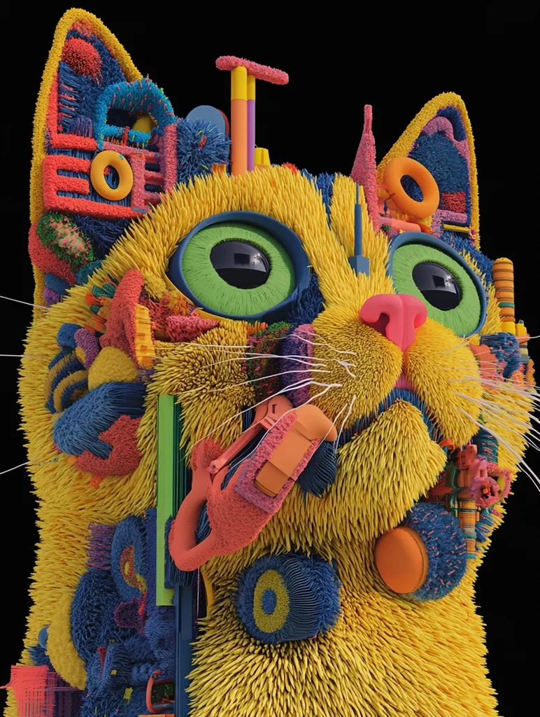 A vibrant, 3D-rendered cat's head is depicted, its fur composed of spiky, multicolored strands.  The cat's face is adorned with various colorful, abstract shapes and objects, suggesting a playful, whimsical, and perhaps slightly chaotic personality. The overall effect is one of playful exuberance and creative energy. The background is black, emphasizing the cat's bright and intricate details.