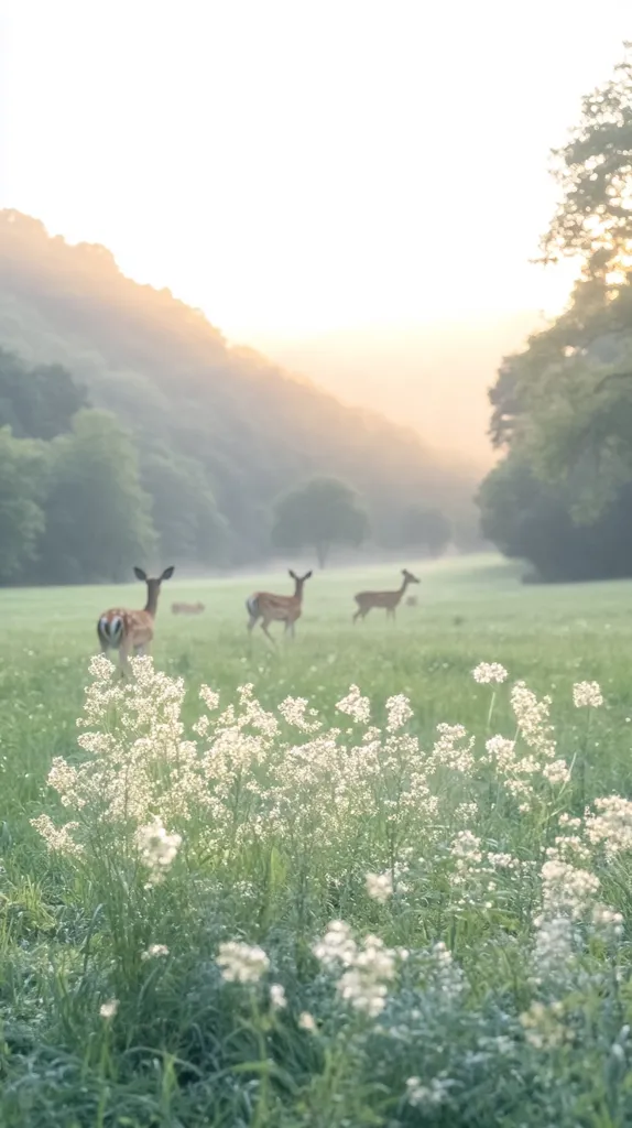 Three deer graze peacefully in a sun-drenched meadow, their silhouettes softly defined against a hazy, sunlit backdrop of rolling hills and trees.  White wildflowers bloom abundantly in the foreground, creating a serene and idyllic pastoral scene. The soft light and muted tones evoke a sense of calm and tranquility.
