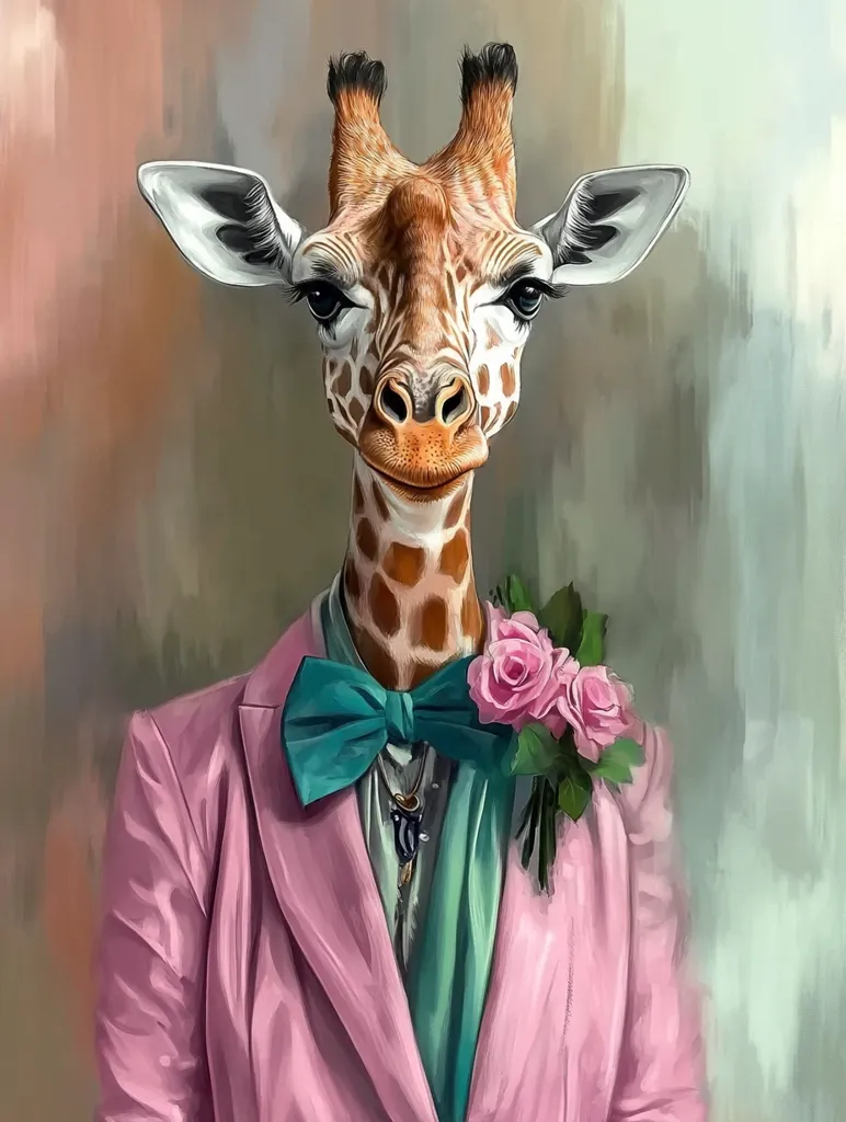 A whimsical painting depicts a giraffe's head and neck seamlessly blended onto a human body.  The giraffe, with a subtly amused expression, is dressed in a stylish pink suit, teal bow tie, and a boutonniere of pink roses.  The artistic style is realistic, yet playful, creating a charming and slightly surreal effect. The background is a soft, muted palette of greens and browns.