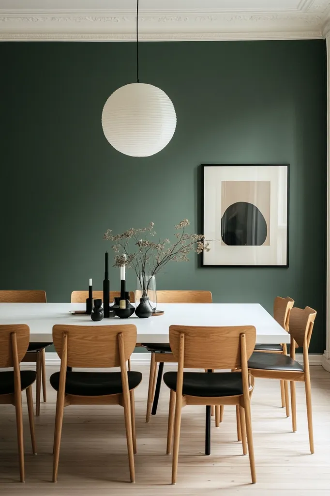 A minimalist dining room features a large, white paper lantern pendant light illuminating a white rectangular table surrounded by light wood chairs with black seats.  The walls are painted a deep green, and a simple abstract black and beige artwork hangs above the table. Dried flowers in a glass vase are the centerpiece, adding a touch of natural elegance to the scene.  The overall aesthetic is calm, sophisticated, and modern.