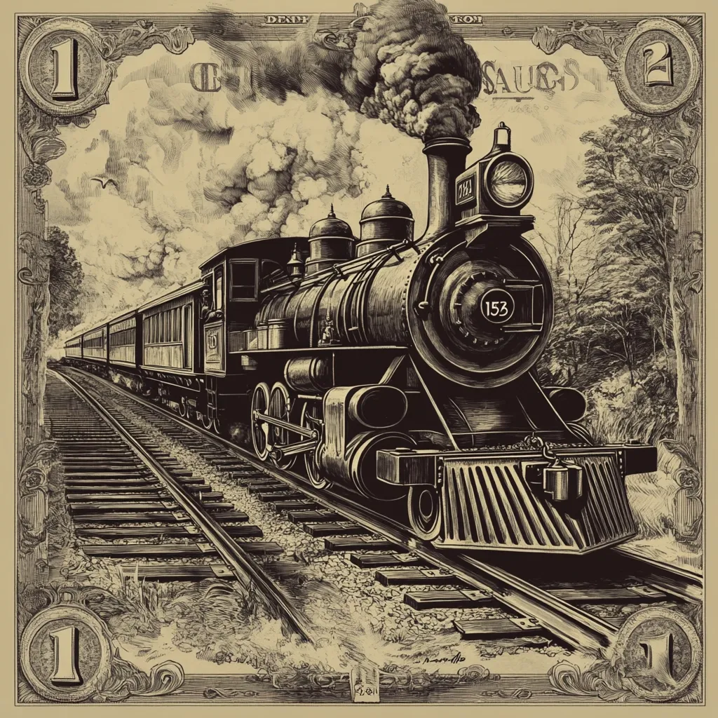 A meticulously detailed illustration depicts a steam locomotive pulling a passenger train along railway tracks.  The style resembles an antique print or engraving, with sepia tones and cross-hatching creating depth and texture.  The train is prominent, showcasing its powerful engine and numerous carriages.  The surrounding landscape features trees and a cloudy sky, adding to the nostalgic feel.  The image is framed by decorative elements reminiscent of currency or a certificate.