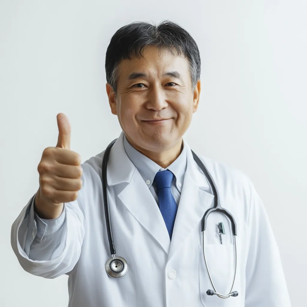 A middle-aged Asian male doctor, wearing a white lab coat and stethoscope, gives a thumbs-up. He has a pleasant expression and is positioned against a plain white background.  His dark hair is neatly combed. He appears confident and approachable. The image conveys a sense of medical professionalism and positive affirmation.