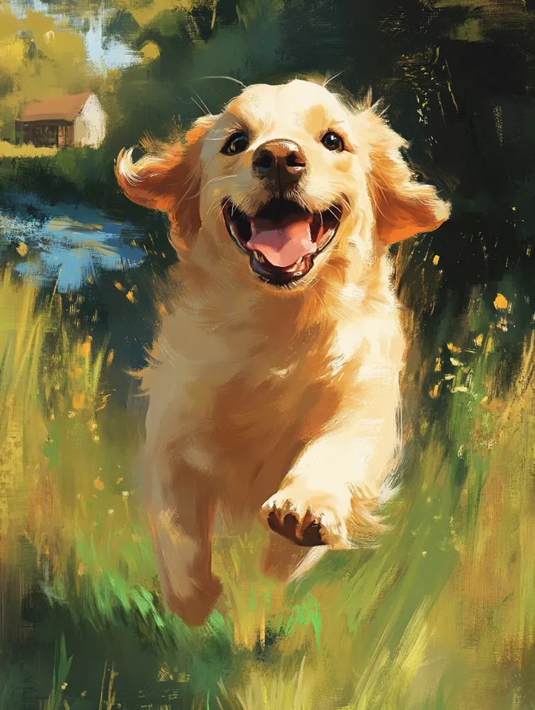 A joyful golden retriever puppy bounds through a sun-dappled field, its tongue lolling happily.  The painting's loose brushstrokes capture the dog's exuberant energy and the idyllic rural setting.  A small building is visible in the background, adding depth to the scene. The overall impression is one of carefree joy and the beauty of nature.