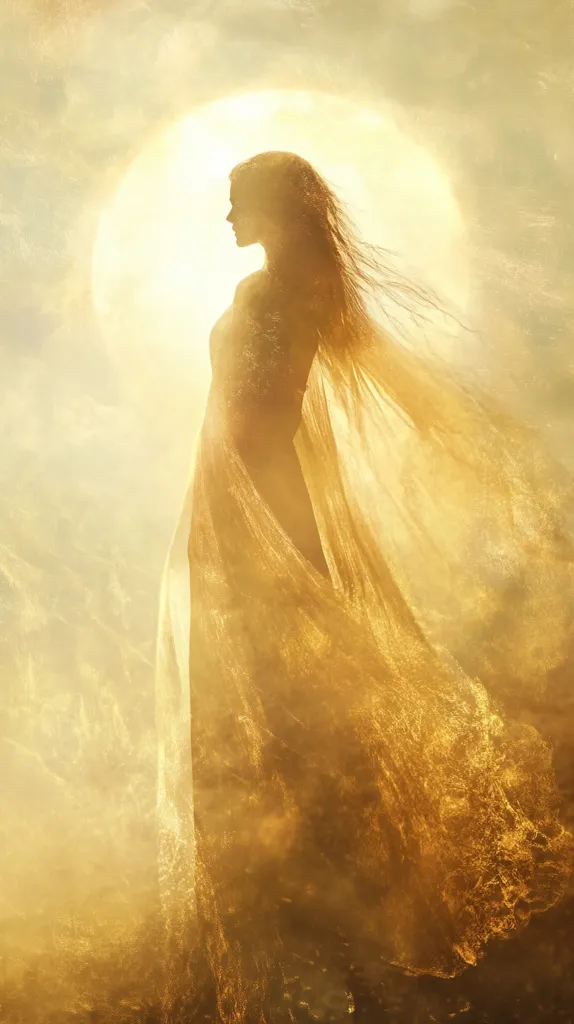 A woman's ethereal silhouette is bathed in golden light, her long hair flowing behind her.  She is draped in a sheer, flowing garment that blends seamlessly with the sunlit background. The overall effect is one of serenity and otherworldly beauty, suggesting a goddess-like figure or a spiritual awakening.  The image evokes a sense of peace and tranquility.