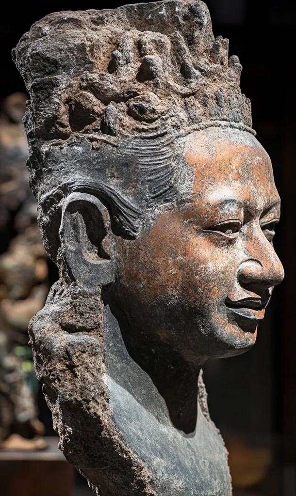 A weathered stone bust, possibly depicting a deity or royal figure, is shown in profile.  The head is adorned with an intricately carved crown or headdress, showing signs of age and erosion.  The face is serene, with subtly detailed features, and the stone shows variations in color, from dark grey to reddish-brown.  The bust is roughly hewn, with uneven edges suggesting it's a fragment of a larger sculpture.