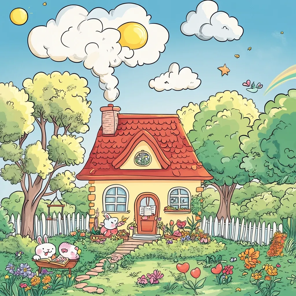 A charming cartoon cottage with a red roof sits in a vibrant garden. Two bunnies, one tending flowers and another reading a book, are nestled in the scene.  Brightly colored flowers, lush green trees, and a whimsical sky with sun and clouds complete this idyllic picture. A white picket fence encloses the cheerful home, creating a perfect springtime setting.