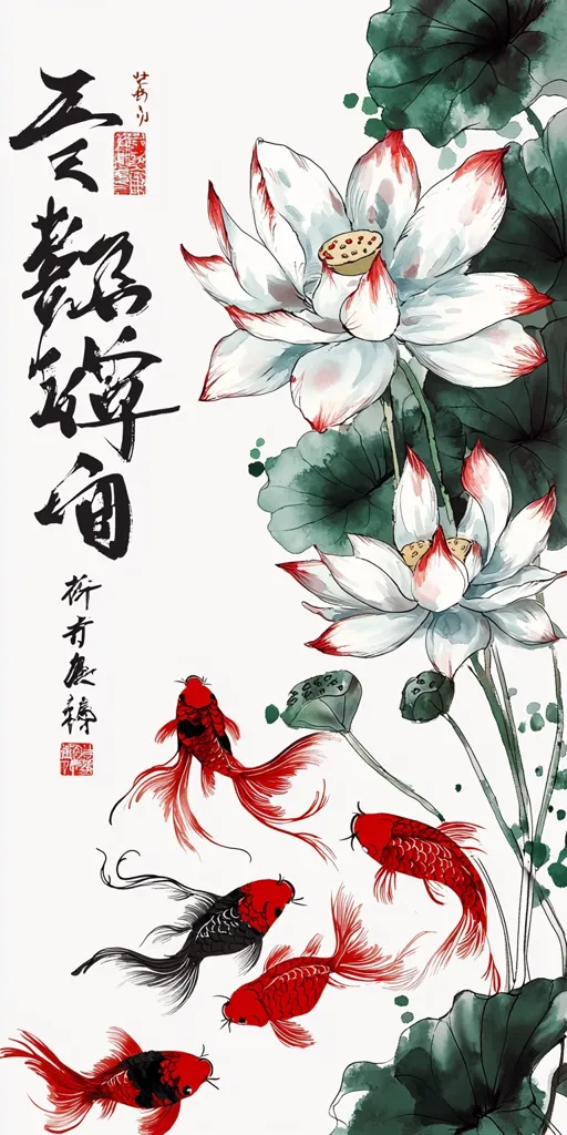 An elegant Asian-inspired artwork features two large, blooming white lotuses with red accents, their leaves rendered in shades of green.  Surrounding the flowers are four vibrantly colored koi fish, two red and two black and red, swimming gracefully.  Chinese calligraphy adds a vertical element to the composition, creating a balanced and serene aesthetic.  The style is reminiscent of traditional East Asian painting techniques.