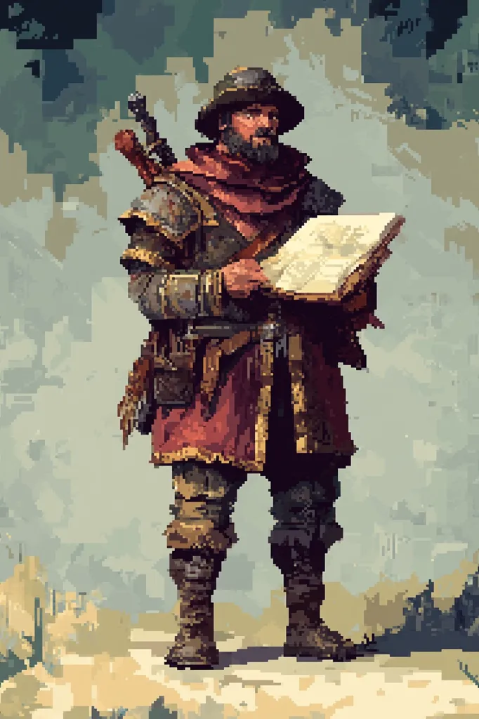 A pixel art depiction of a bearded, medieval-style man in a reddish-brown robe and armored jerkin. He wears a wide-brimmed hat and sturdy boots, carrying a sword on his back and a large, open book or map in his hands.  His attire suggests a scholar or traveler, possibly a cartographer or scribe, venturing through a rustic landscape. The style is reminiscent of a fantasy RPG character.