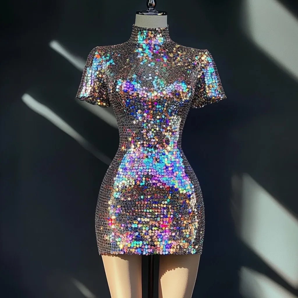 A dazzling, iridescent mini dress is showcased on a mannequin.  The short-sleeved, high-necked garment is entirely covered in shimmering sequins, creating a mesmerizing, multi-colored effect.  The form-fitting design accentuates the body's curves. The dress is perfect for a glamorous evening event.