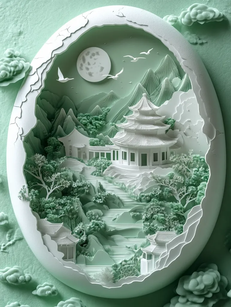 A delicate paper-cut artwork depicts a serene moonlit landscape.  A white pagoda rests atop a gently sloping hill, surrounded by meticulously detailed trees, clouds, and mountains.  The scene is nestled within an oval frame, giving the impression of a miniature world.  The pale green color palette enhances the peaceful and ethereal atmosphere. Birds fly across a full moon in the sky. The overall style evokes a sense of tranquility and traditional Asian aesthetics.
